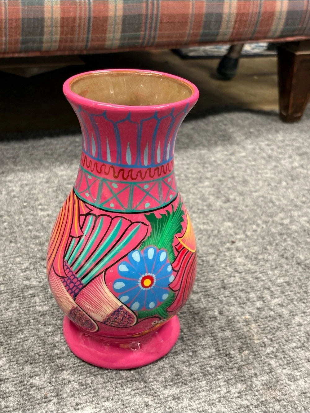 Hand Painted Pink Floral Bird Clay Folk Art Vase Made in Mexico